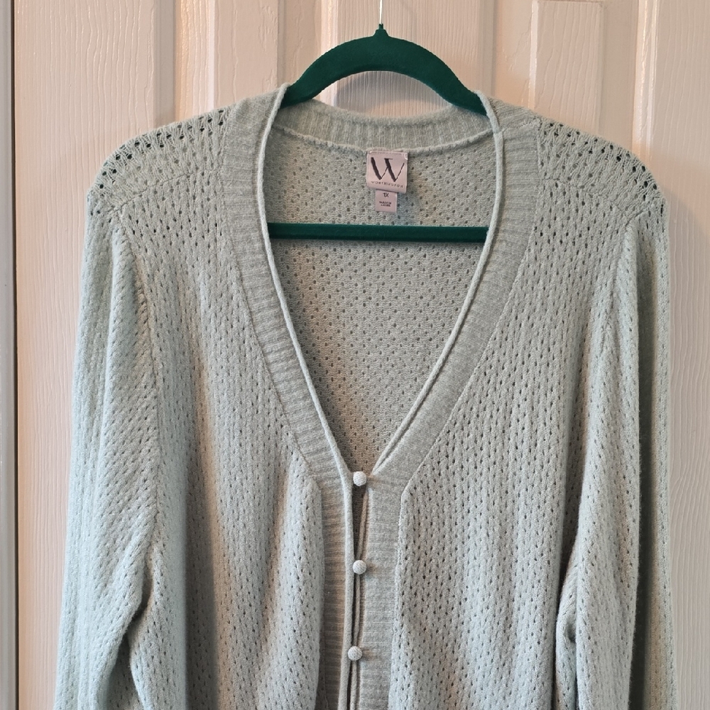 WORTHINGTON BRAND WOMEN'S PLUS SIZE LIGHT GREEN FRONT BUTTON CARDIGAN SIZE 1X